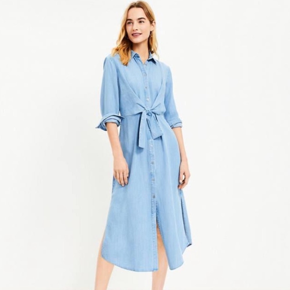 LOFT chambray linen button down knot front Light Blue Denim Shirt Dress Sz 6